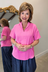 Renuar Split Neck Blouse Azalea