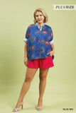 Umgee Ric Rac Trimmed Printed Blouse Blue