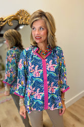 Umgee Navy Mix Floral Blouse