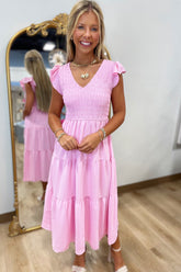 So Sweet Smocked Flutter Sleeve Dress Pink