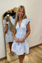 Pretty Petal V Neck Dress Blue