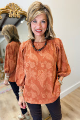 Umgee Pleated Puff Sleeve Blouse Terracotta
