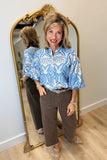 Damask Ballon Sleeve Blouse Blue