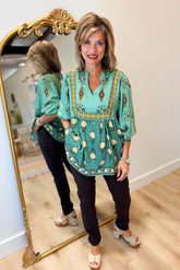 Umgee Mandarin Collar Blouse Sage