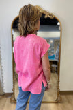 Going w Gauze Acid Washed Top Fuchsia
