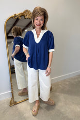 Umgee Bold Short Sleeve Blouse Navy