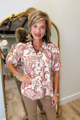 Umgee Smocked Ruffle Neck Top Clay