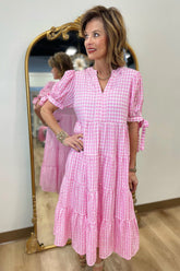 Spring Blessings Gingham Tiered Dress Pink