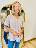 Ribbed V Neck Short Sleeve Top Tan