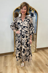 Umgee Floral Tiered Dress Tan/Black