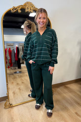 V Neck Scuba Stripe 2 Piece Set Green