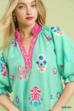 Umgee Mint Mix Print Blouse Cream