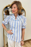 Umgee High Ruffle Neck Stripe Top Blue