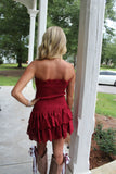 Blitz Eyelet Ruffle Hem Strapless Dress Maroon