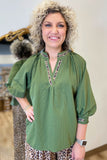 Umgee Leopard Trim Blouse Olive