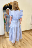 Umgee V Neck Ruffle Midi Dress Blue Grey