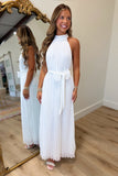Pleated Perfection Halter Dress White