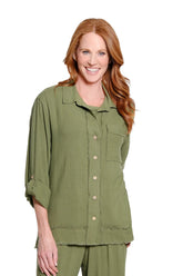 Multiples Button Front Fringe Accent Top Olive