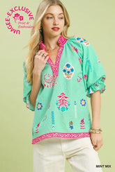 Umgee Mint Mix Print Blouse Cream