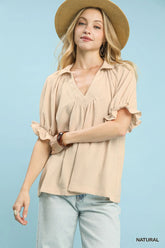Umgee Ruffle Sleeve Blouse Natural