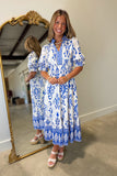 Umgee Print Short Sleeve Dress Blue