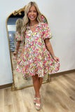 Floral Dream Puff Sleeve Dress Pink-Green