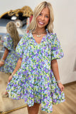 Floral Dream Puff Sleeve Dress Purple-Blue