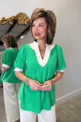 Umgee Bold Short Sleeve Blouse Green