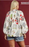 Umgee Blue Mix Split Neck 3/4 Sleeve Blouse