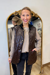 Charlie B Long Quilted Faux Leather Vest Mocha