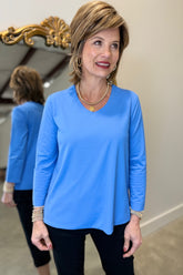 Multiples 3/4 Sleeve V Neck Top French Blue