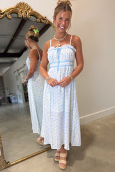 Floral Bow Pattern Midi Dress Blue