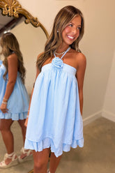 Blue Rose Halter Tiered Dress
