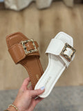 Kimberly Buckle Slide Flat Sandals White