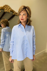 Renuar Button Front LS Blouse Blue Stripe