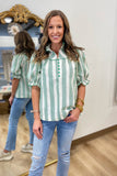 Umgee High Ruffle Neck Stripe Top Green