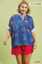 Umgee Ric Rac Trimmed Printed Blouse Blue