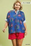 Umgee Ric Rac Trimmed Printed Blouse Blue