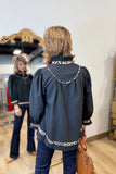 Umgee Textured Leopard Trim Blouse Black