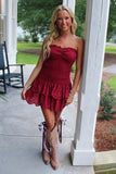 Blitz Eyelet Ruffle Hem Strapless Dress Maroon