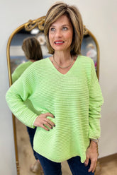 PBJ Horizontal Rib V Neck Pullover Lime