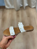 Two Band Slide Sandal with Pearl Details White