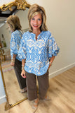 Damask Ballon Sleeve Blouse Blue