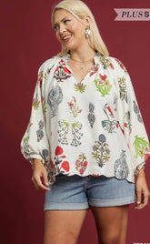 Umgee Blue Mix Split Neck 3/4 Sleeve Blouse