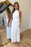 Pleated Perfection Halter Dress White