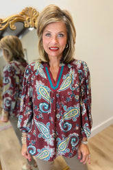 Umgee Paisley Print Blouse Wine