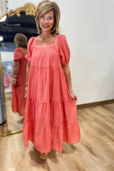 Umgee Square Neck Dress Coral