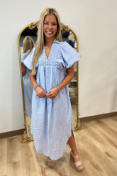 Easter Bloom Puff Sleeve Dress Blue