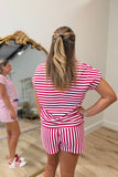 Day Off V Neck Short Set Red Stripe
