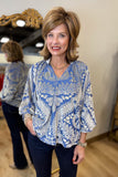 Umgee Velvet Paisley Blouse Steel Blue